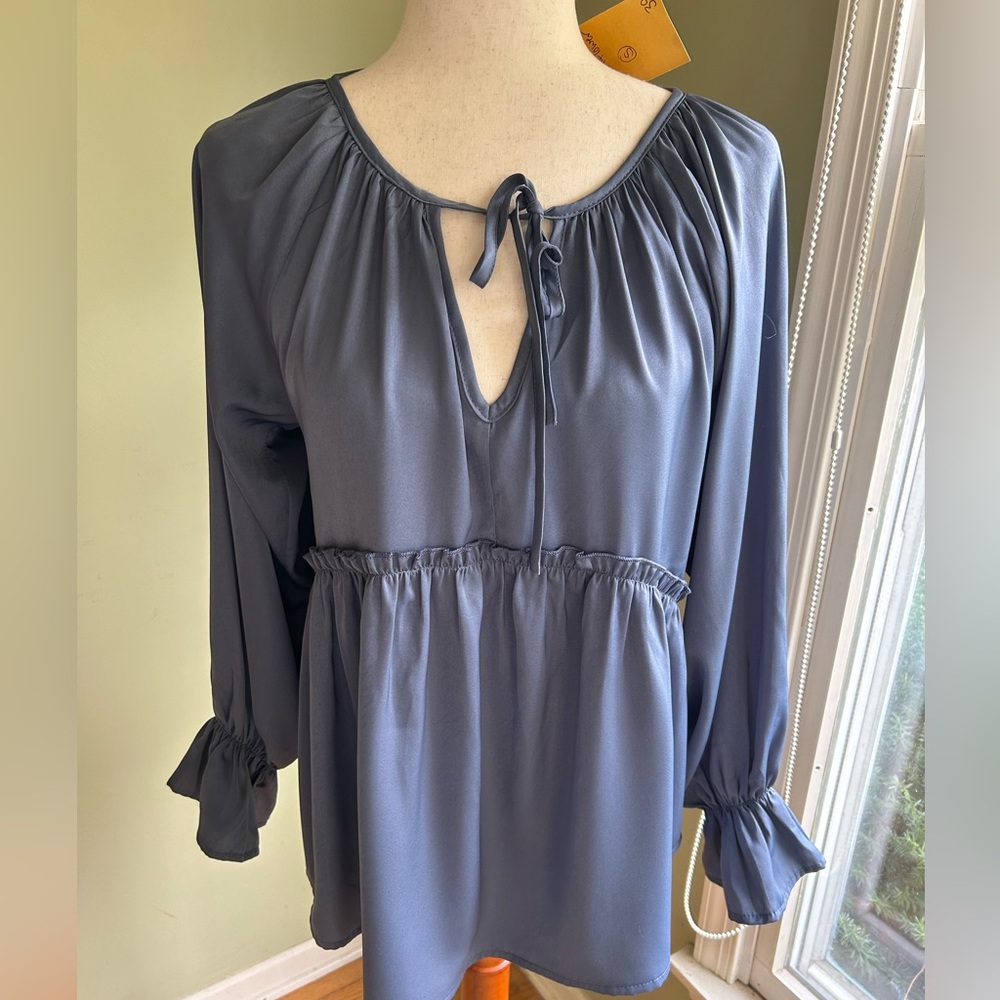 NWT glam blouse in cornflower blue. Shirred neck/tie Long sleeve/ruffled waist S